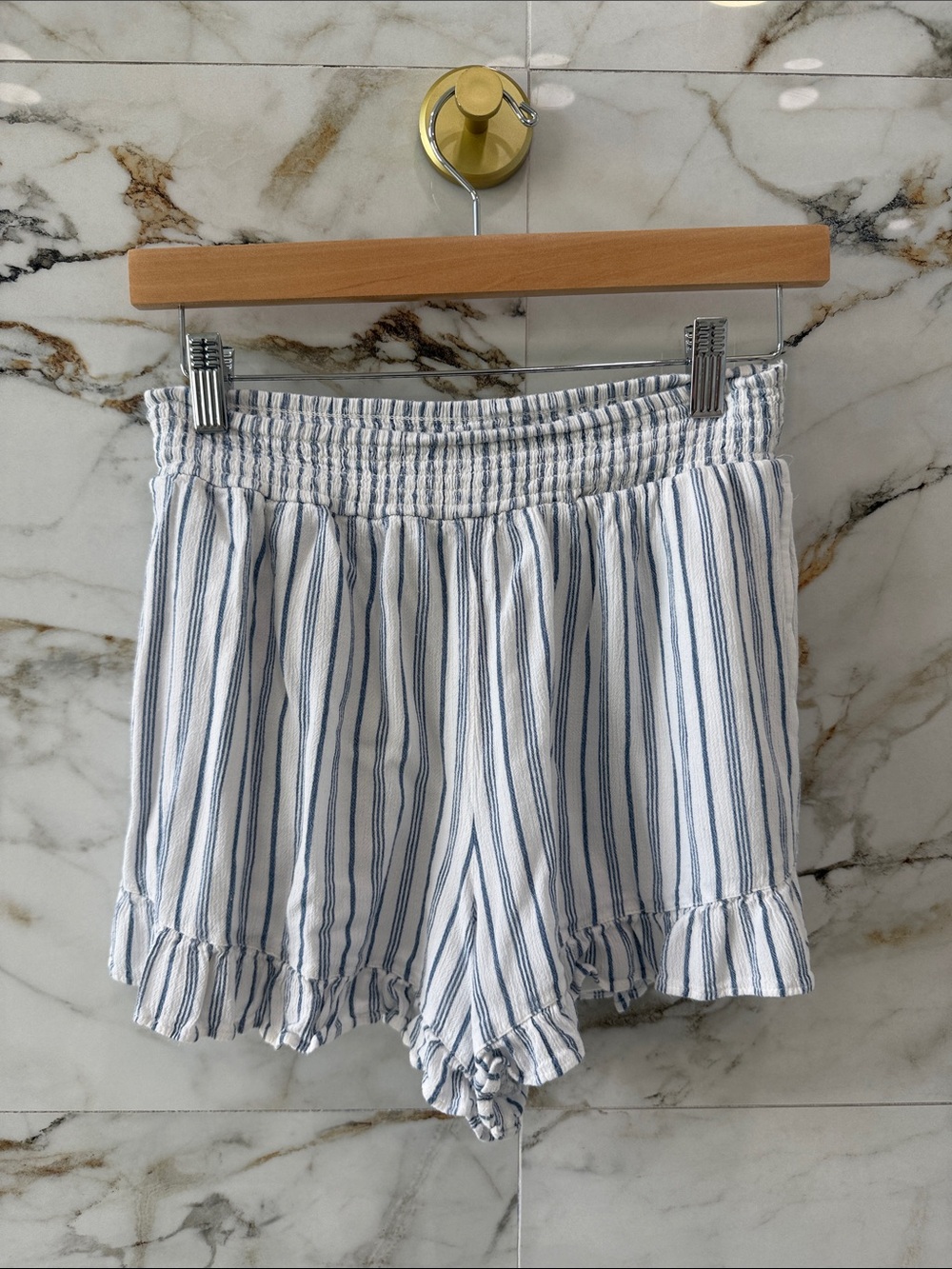 American Eagle Outfitters Blue & White Striped High-Waist Ruffle Shorts